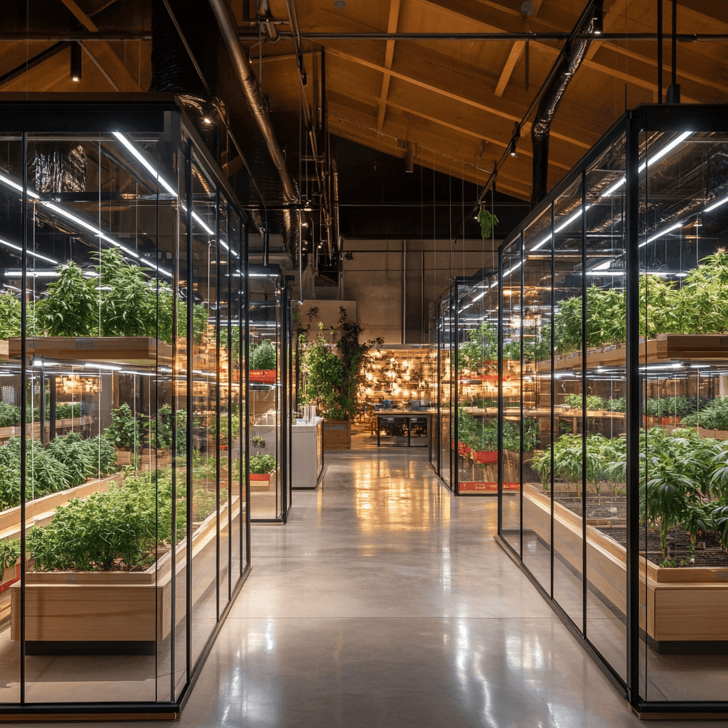 Modern indoor greenhouse with multiple glass enclosures containing lush green plants under artificial lighting.